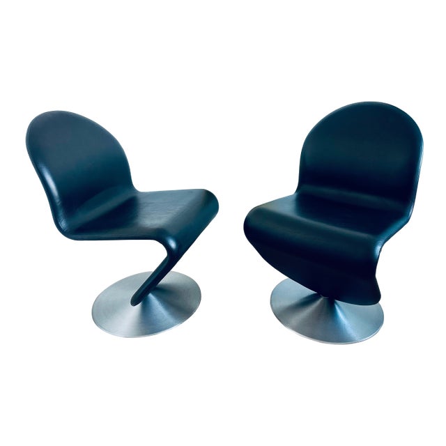 Verner Panton System 1-2-3 Swivel Chairs Pair Black Leather - Space Age Scandinavian For Sale