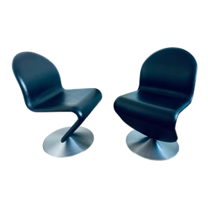 Verner Panton System 1-2-3 Swivel Chairs Pair Black Leather - Space Age Scandinavian