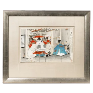 Antique Framed Japanese Woodblock Print 'Semimaru, the Blind Prince', by Kogyo Tsukioka