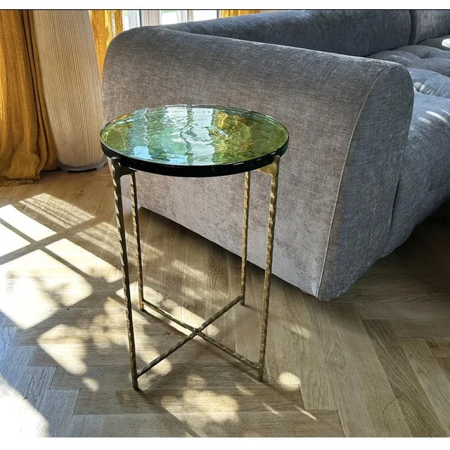 Golden-Hammered Metal Table with Green Glass Top by Now’s Home For Sale - Image 4 of 5