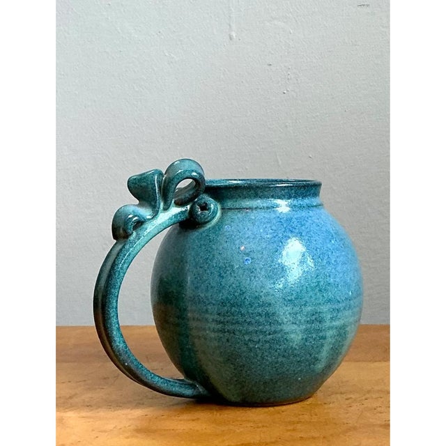 Mid-Century Modern Vintage Blue Speckled Pottery Jug For Sale - Image 3 of 12