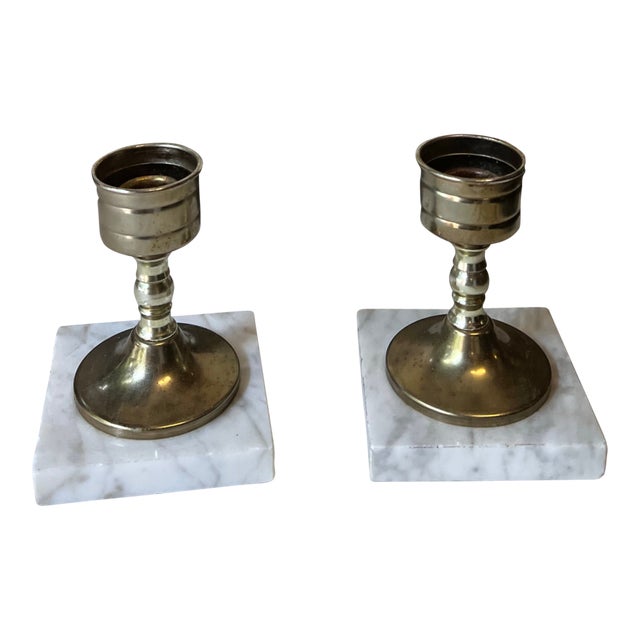 Pair of 1970s Brass Candle Holder With Marble Bottoms For Sale