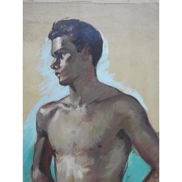 Featured is a rare, double-sided oil painting on unstretched canvas titled Male Against Green Background by listed artist...
