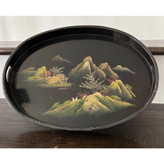 Mid-Century Modern 1960s Vintage Hand-Painted Lacquer on Wood Chinoiserie Landscape Tray For Sale - Image 3 of 11