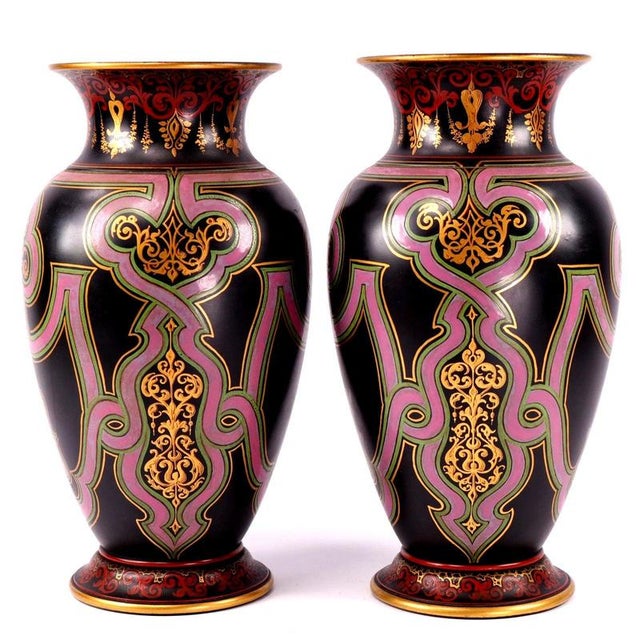 Enamelled Black Basalt Baluster Vases in the style of Christopher Dresser, Set of 2 For Sale - Image 4 of 17