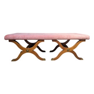 Vintage Dorothy Draper Espana Pink Velvet Bench With Curule Legs For Sale
