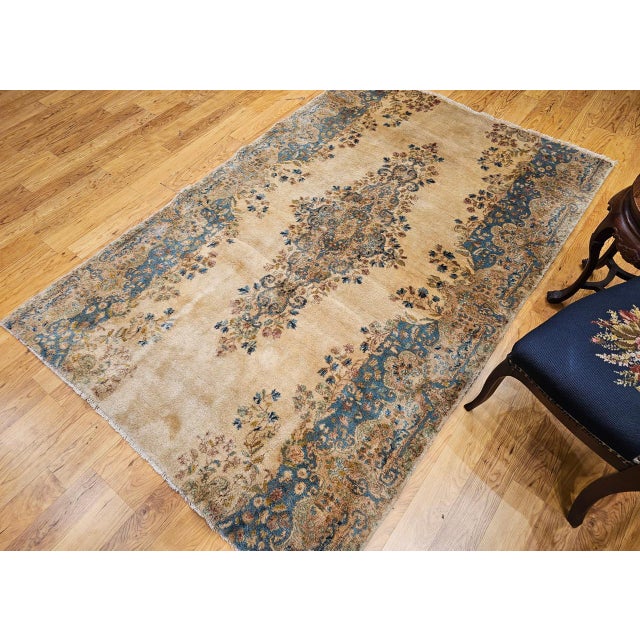 Vintage Persian Kerman Rug, Hand-Knotted Wool, Floral Pattern, Ivory & Blue, 5x7 For Sale In Chicago - Image 6 of 15