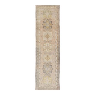 Antique Turkish Oushak Runner With Soft Gold and Celadon Geometric Medallions For Sale