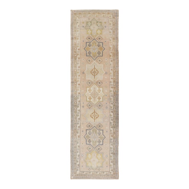 Antique Turkish Oushak Runner With Soft Gold and Celadon Geometric Medallions For Sale
