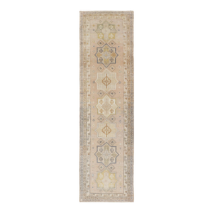 Antique Turkish Oushak Runner With Soft Gold and Celadon Geometric Medallions