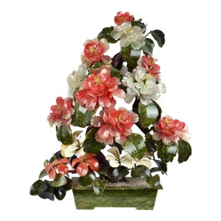 Vintage Handmade Rare Monumental Jade Gemstone Carved Botanical Bonsai Tree in Stone Planter For Sale