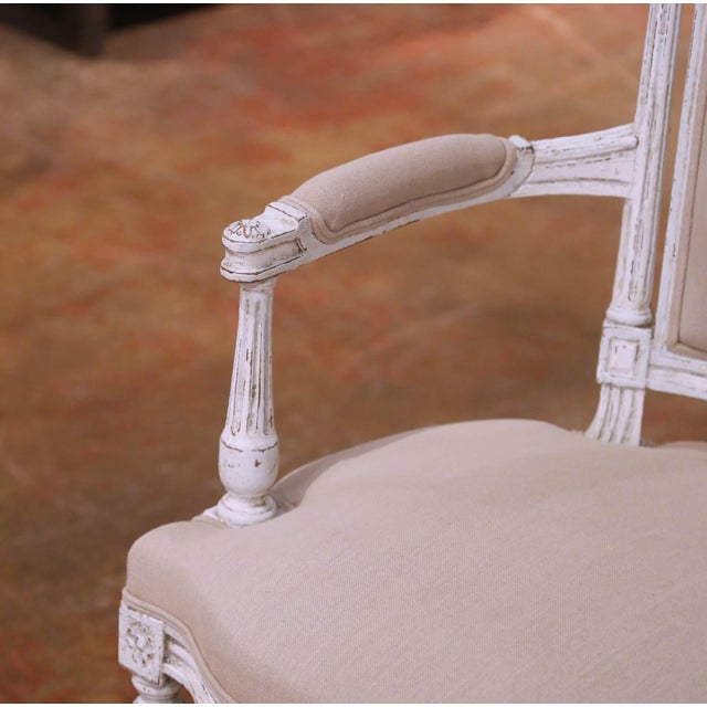 Wood Pair of 19th Century French Louis XVI Painted Armchairs With Upholstered Seats For Sale - Image 7 of 10