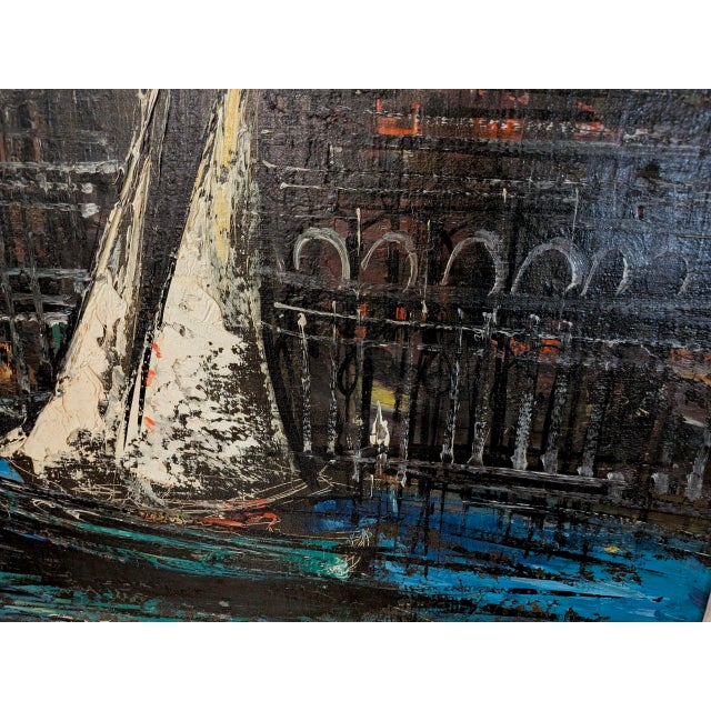 Mid 20th Century Large Signed Mid-Century Modern Harbor Scene Oil Painting, Palette Knife Maritime Cityscape For Sale - Image 5 of 9