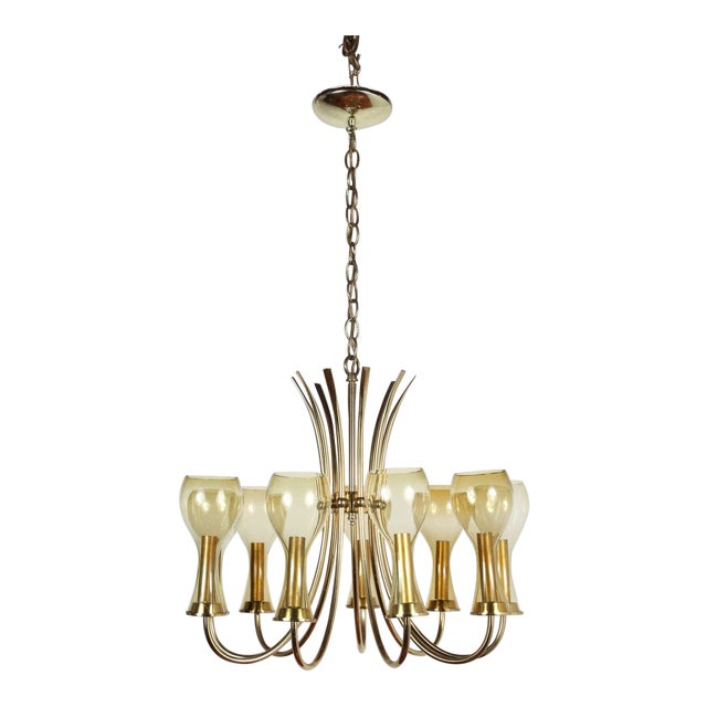 Mid-Century Brass & Glass Italian Fixture For Sale
