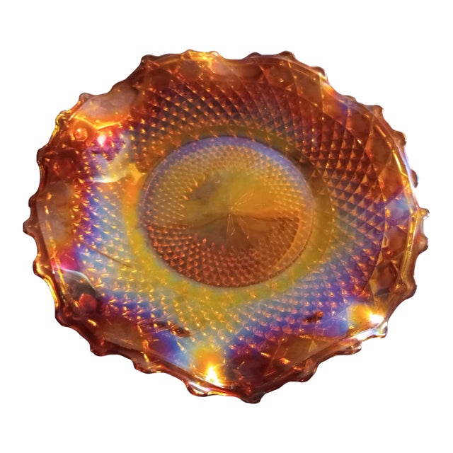 Vintage Indiana Iridescent Marigold Carnival Glass Crimped Platter For Sale