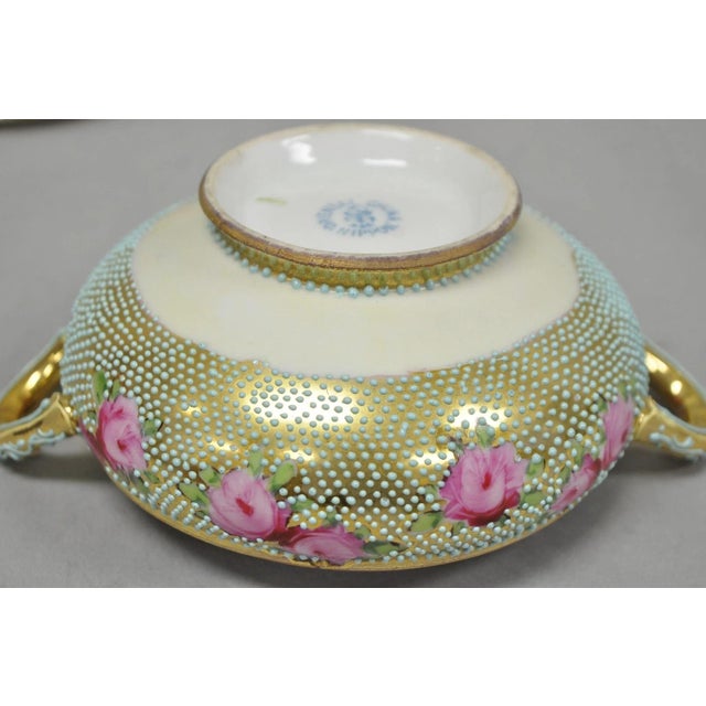 Antique Nippon Hand Painted Gold Gilt Porcelain Green Moriage Covered Sugar Bowl For Sale - Image 15 of 16