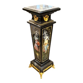 French Empire Black Pedestal With Marble Top, Hand-Painted Floral Panels, Gold Leaf & Bronze Ormolu For Sale