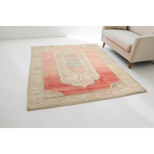 Textile Vintage Turkish Oushak Rug With Pastel Coral Field and Muted Medallion For Sale - Image 7 of 9