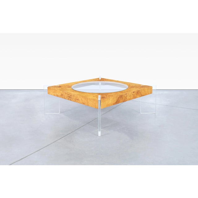Vladimir Kagan Mid-Century Modern Burl Wood and Lucite Coffee Table by Vladimir Kagan For Sale - Image 4 of 12