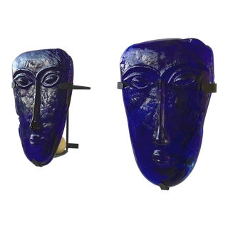 Vintage Cobalt Cast Glass "Sky Dreamers" Face Wall Sconces by the Jaramillo Brothers Mexico, a Pair, Circa 1980s For Sale