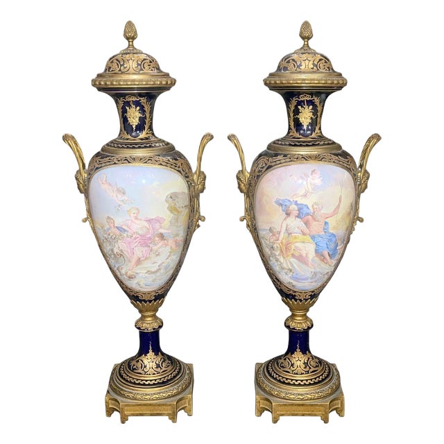 Pair of 19th Century French Sèvres Porcelain Urns With Ormolu Mounts For Sale