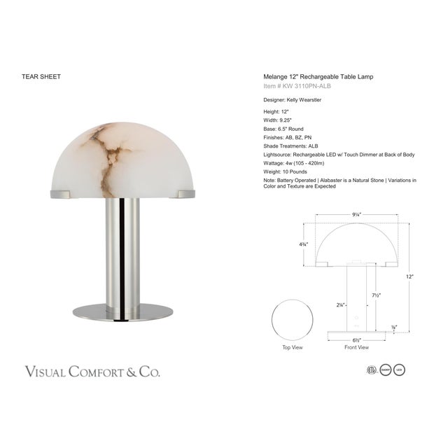 Kelly Wearstler by Visual Comfort Signature Melange 12" Rechargeable Table Lamp in Polished Nickel with Alabaster Shade...