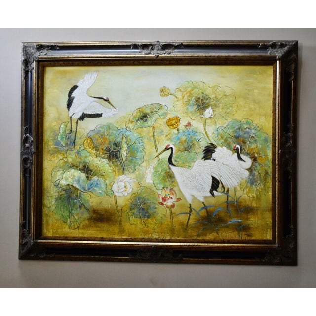 Vintage (1990's) Large Oil Painting with an Ornate Frame in Black & Gold. Subject: Floral & Heron Birds. It's a real...
