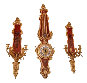 Louis XV Style Bronze-Mounted Verni Martin Painted Clock and Sconce Garniture - Set of 3