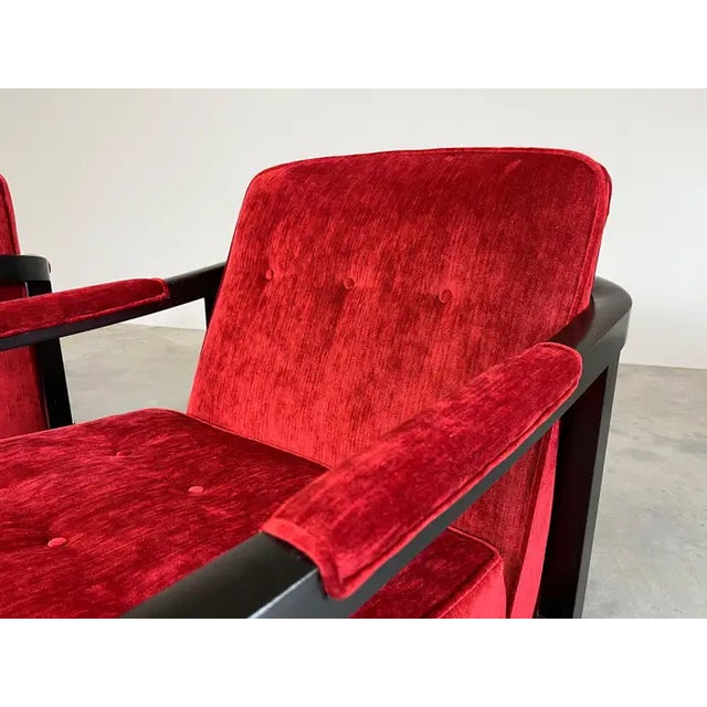 Milo Baughman Style Directional Deep Red Velvet & Ebony Mahogany Club Chairs For Sale - Image 9 of 11