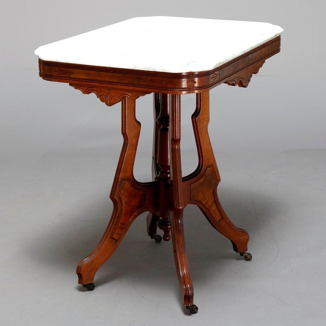 Antique Victorian Eastlake Carved Walnut & Beveled Marble Side Table | Chairish