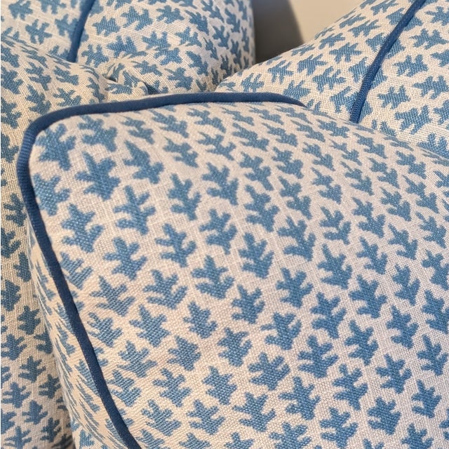 Sister Parish performance Burma pillows in seaglass - a turquoise toned blue. Pretty small scale print in durable...