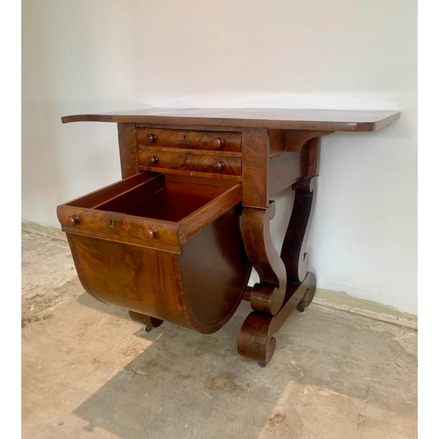 Early 19th Century American Empire Mahogany Drop Leaf Work Table Side Cabinet For Sale - Image 5 of 12