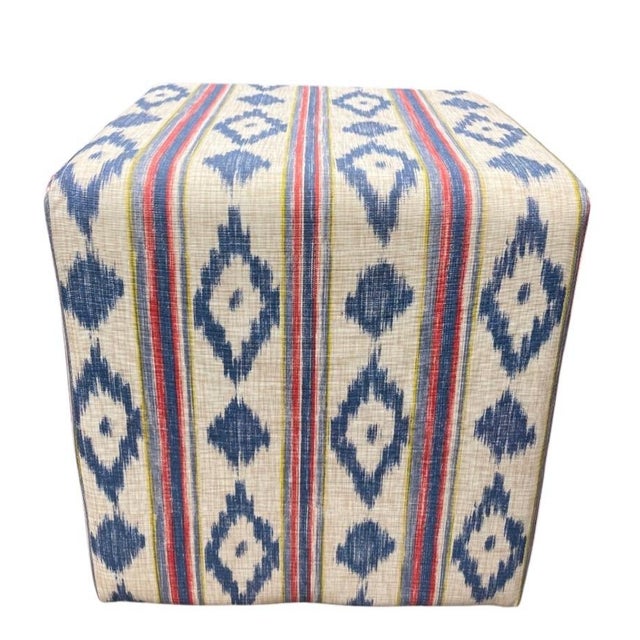 Contemporary Vintage Blue and Indigo Ikat Pattern Upholstered Cube Ottoman For Sale - Image 3 of 12