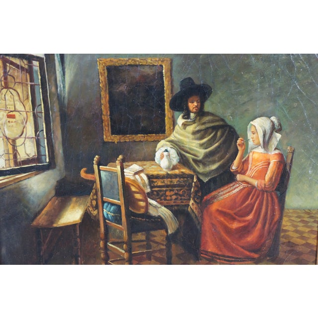 Late 20th Century Late 20th Century The Glass of Wine Dutch Oil Painting After Johannes Vermeer Canvas Framed For Sale - Image 5 of 11