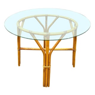 Restored Mid-Century Round Glass Top 3-Strand Rattan Dining Table For Sale