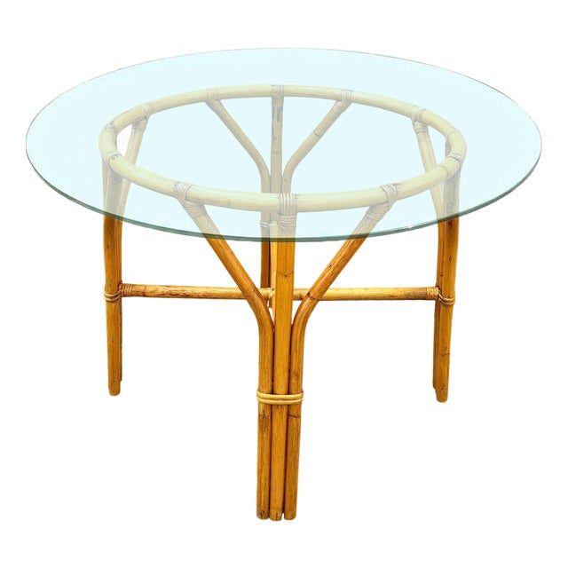 Restored Mid-Century Round Glass Top 3-Strand Rattan Dining Table For Sale
