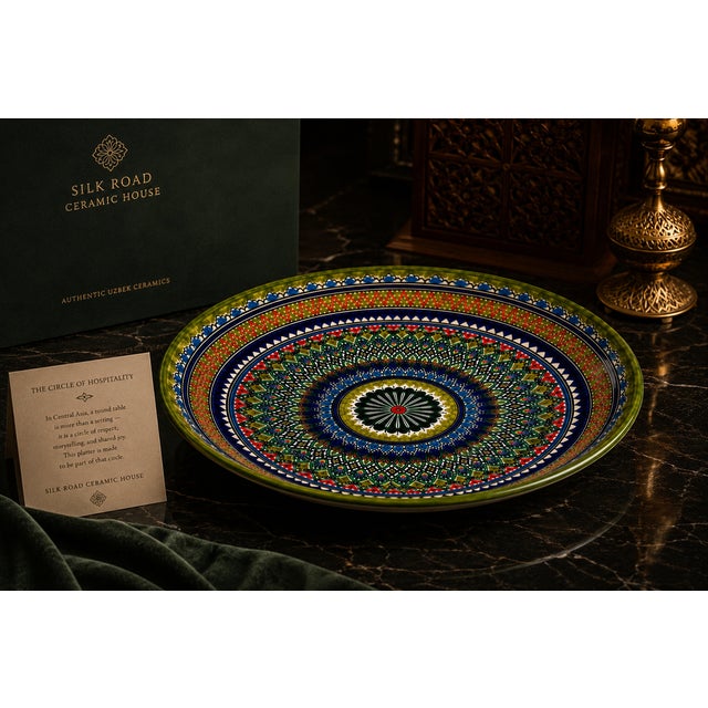 A large hand-painted Uzbek ceramic serving platter presented as part of the Silk Road Ceramic House Collector Experience....