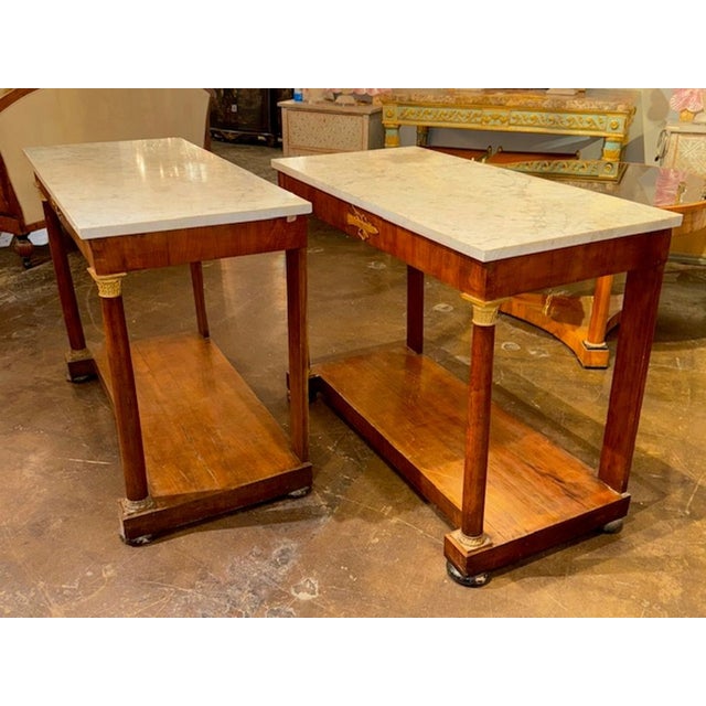 Wood 19th Century Pair of Empire Style Italian Walnut Consoles For Sale - Image 7 of 7