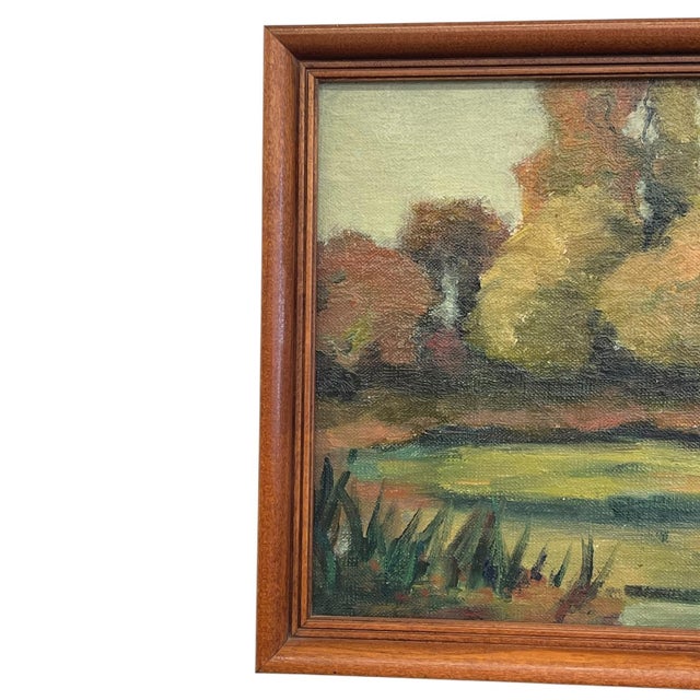 1970s Signed Landscape Painting of Pond With Autumn Trees in Wood Frame. For Sale - Image 4 of 10