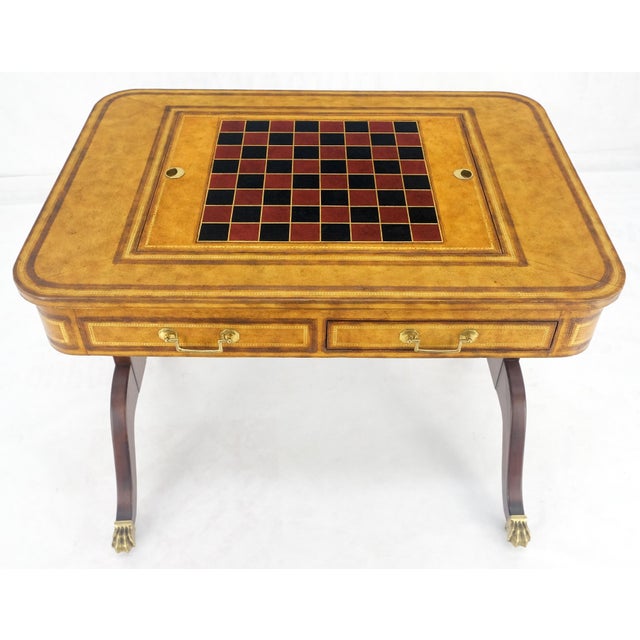 Flit Top Chess Board Backgammon Tooled Leather Top Two Drawers Game Table For Sale - Image 11 of 12