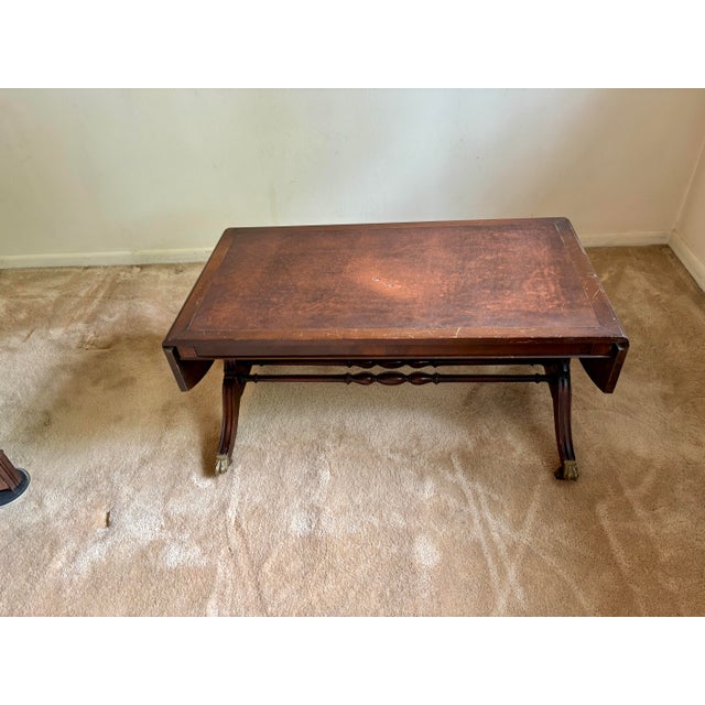 Weiman Vintage Dark Wood Coffee Table With Brass Claw Wheels For Sale - Image 4 of 9