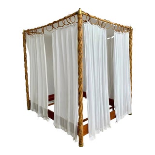 Mid Century Bamboo Canopy Four Poster Bed With Curtains or Outdoor Daybed For Sale
