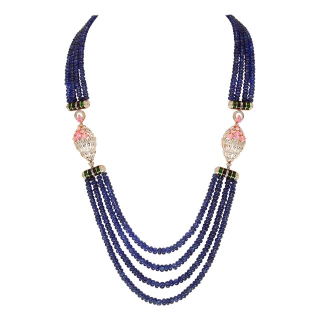 575 Ct Natural Tanzanite Bead Four Strand Necklace + 6.5 Ct Diamond 14 K Y Gold For Sale