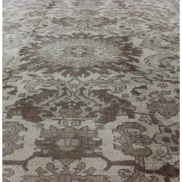 Mid 20th Century Muted Turkish Oushak Rug Featuring Soft Taupe, Faded Sage, and Pale Gray For Sale - Image 5 of 8