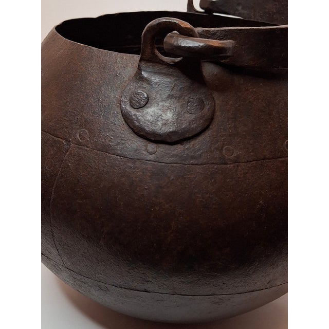 Coffee Antique 19th C Hand Forged Wrought Iron Well Bucket Riveted Strap Cauldron For Sale - Image 8 of 17