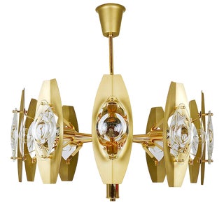 25 Brass Chandelier with Optical Prism Lenses by Oscar Torlasco, 1970s For Sale