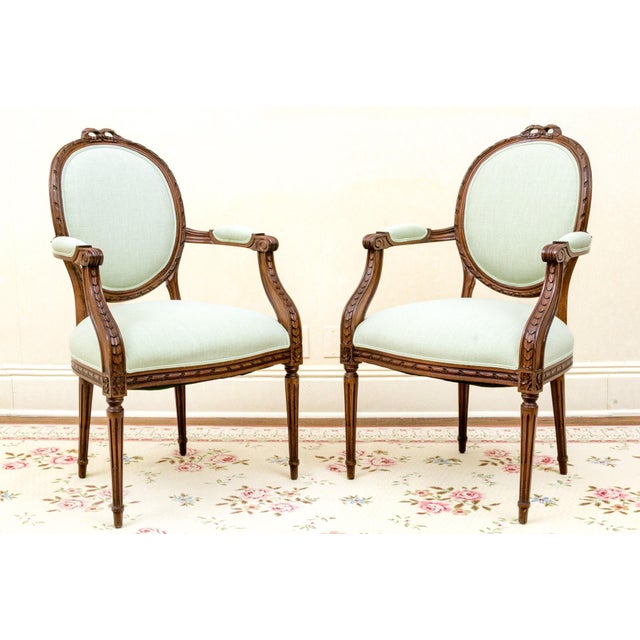 Wood Pair of French Louis XVI Revival Fruitwood Fauteuil Arm Chairs, Circa 1910–1920 For Sale - Image 7 of 7