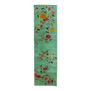 Antique Art Deco Handmade Green Chinese Wool Runner With Floral Pattern For Sale
