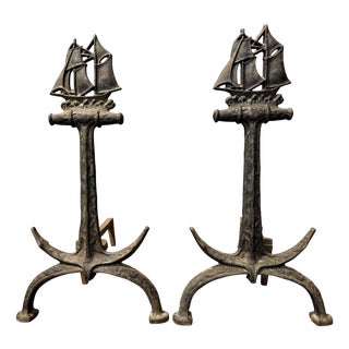 Fireplace Andirons with Naval Ship and Anchor from Bradley & Hubbard, 1920s, Set of 2 For Sale