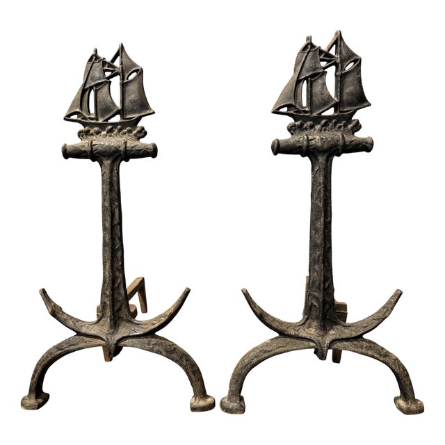 Fireplace Andirons with Naval Ship and Anchor from Bradley & Hubbard, 1920s, Set of 2 For Sale